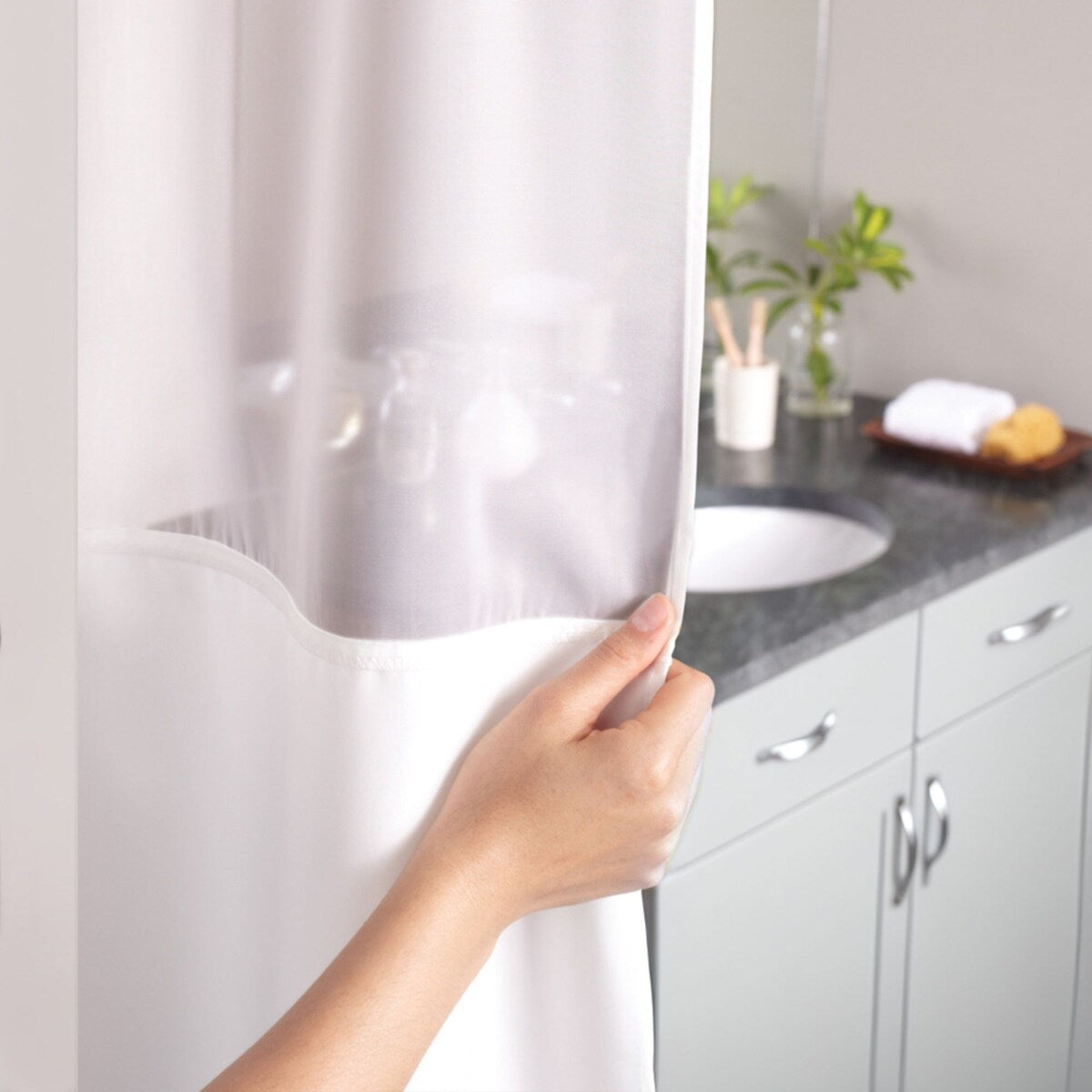 Rideau de douche gaufré 3 en 1 sans crochets avec fenêtre supérieure transparente, anneaux flexibles et doublure en tissu