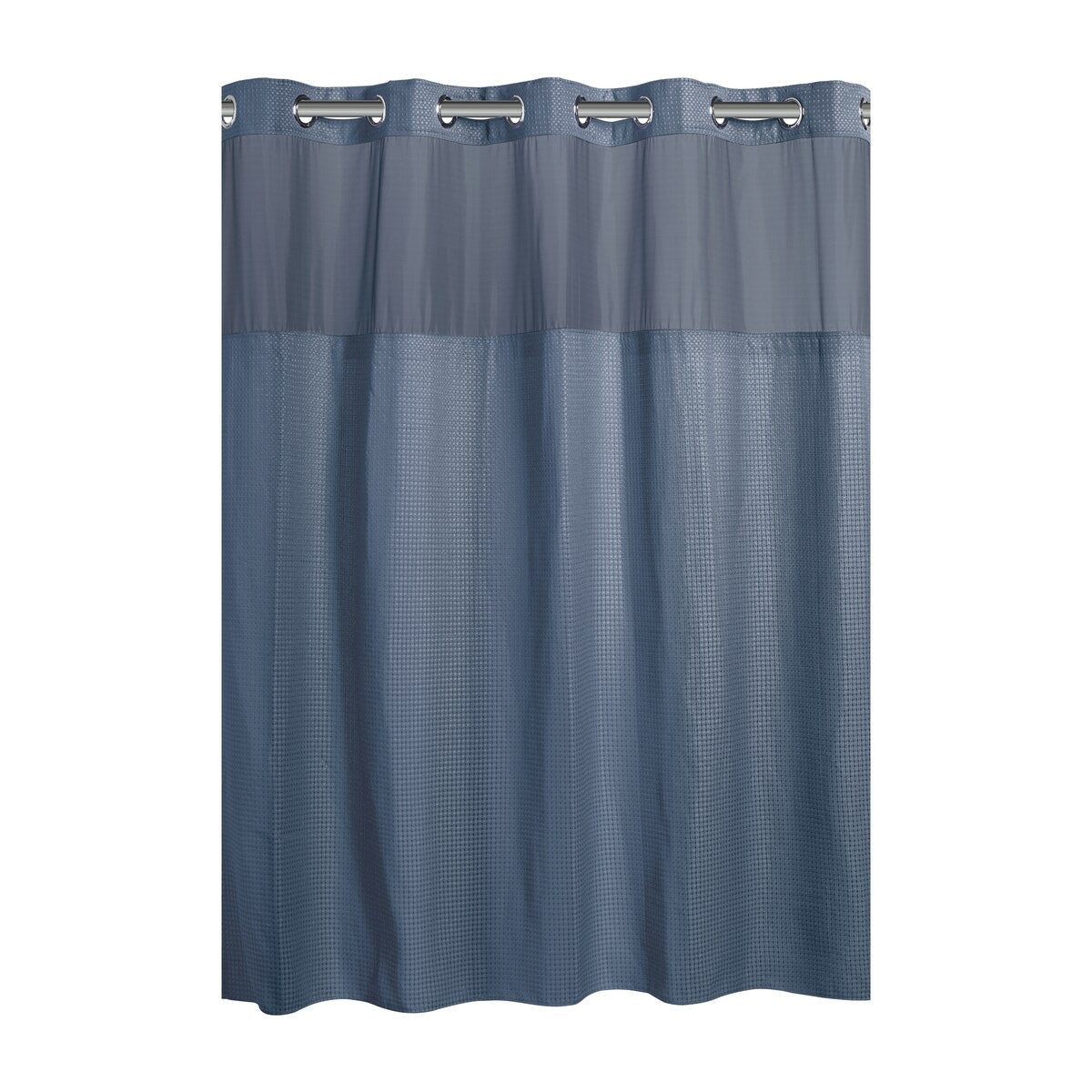 Rideau de douche gaufré 3 en 1 sans crochets avec fenêtre supérieure transparente, anneaux flexibles et doublure en tissu