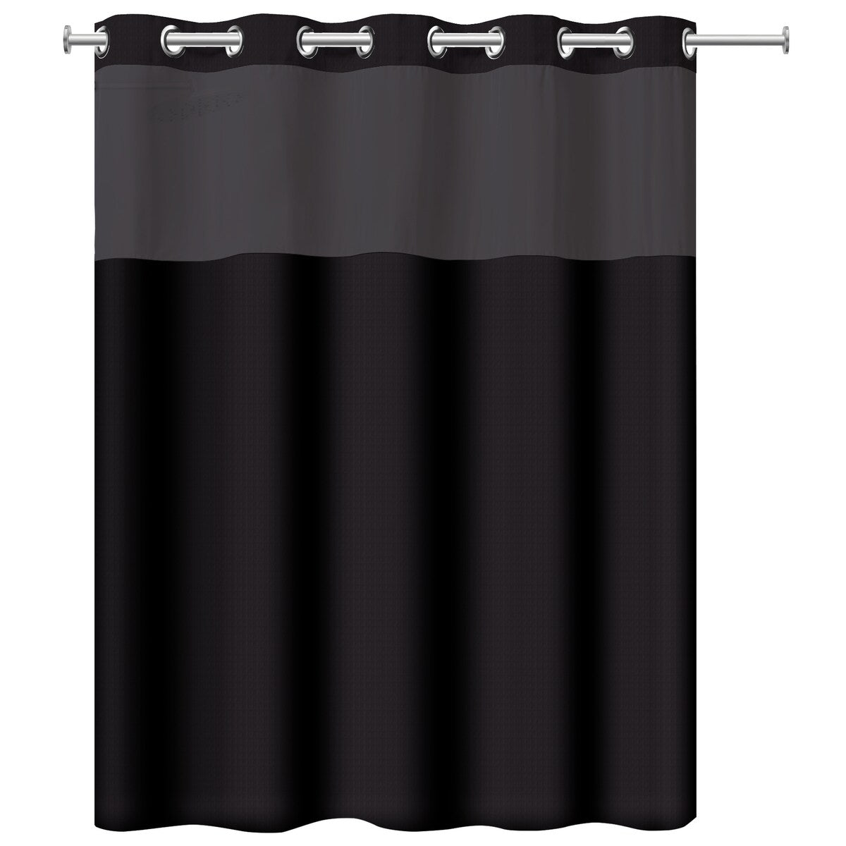 Rideau de douche gaufré 3 en 1 sans crochets avec fenêtre supérieure transparente, anneaux flexibles et doublure en tissu