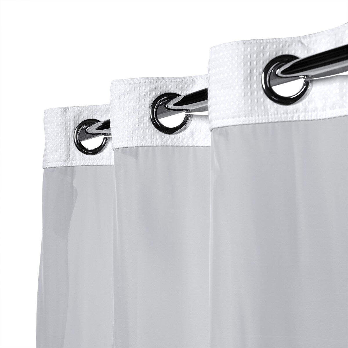Rideau de douche gaufré 3 en 1 sans crochets avec fenêtre supérieure transparente, anneaux flexibles et doublure en tissu