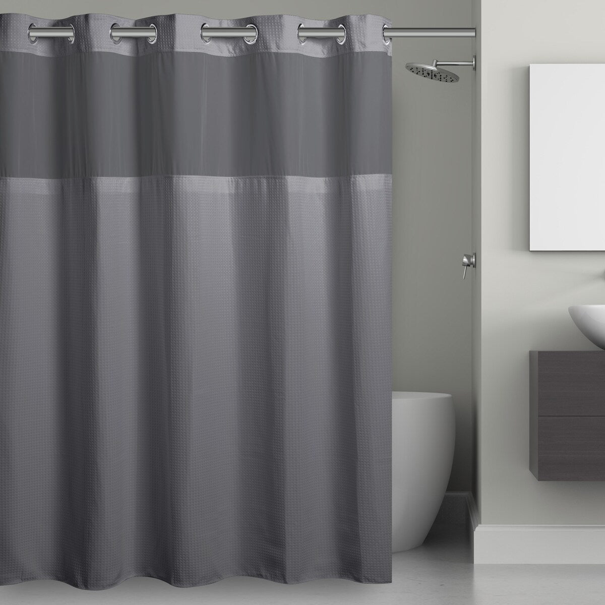 Rideau de douche gaufré 3 en 1 sans crochets avec fenêtre supérieure transparente, anneaux flexibles et doublure en tissu