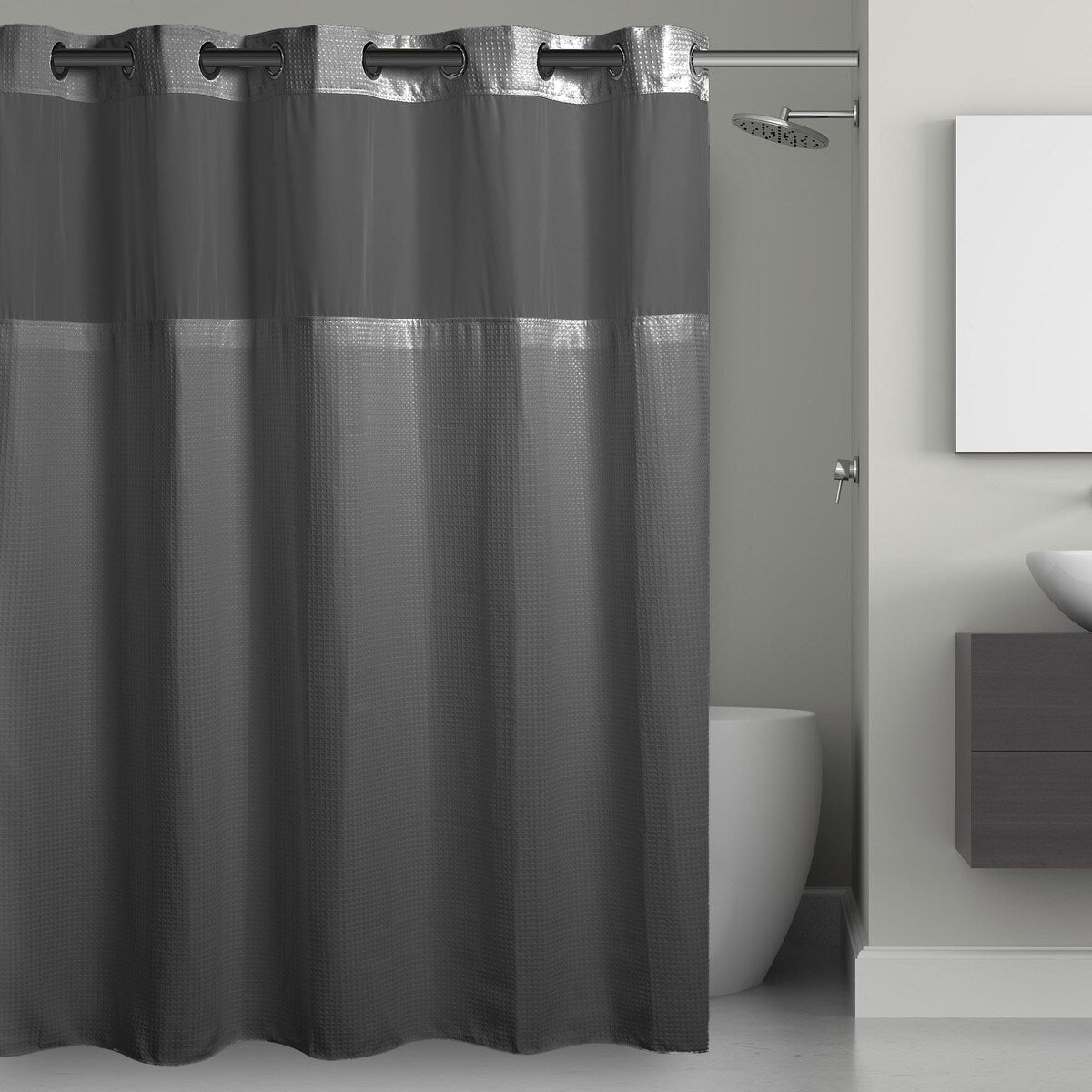Rideau de douche gaufré 3 en 1 sans crochets avec fenêtre supérieure transparente, anneaux flexibles et doublure en tissu