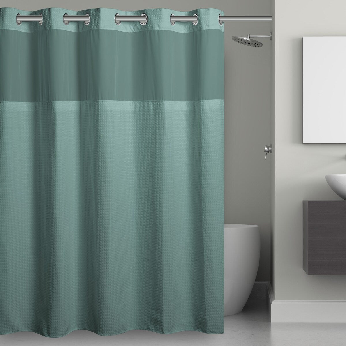 Rideau de douche gaufré 3 en 1 sans crochets avec fenêtre supérieure transparente, anneaux flexibles et doublure en tissu