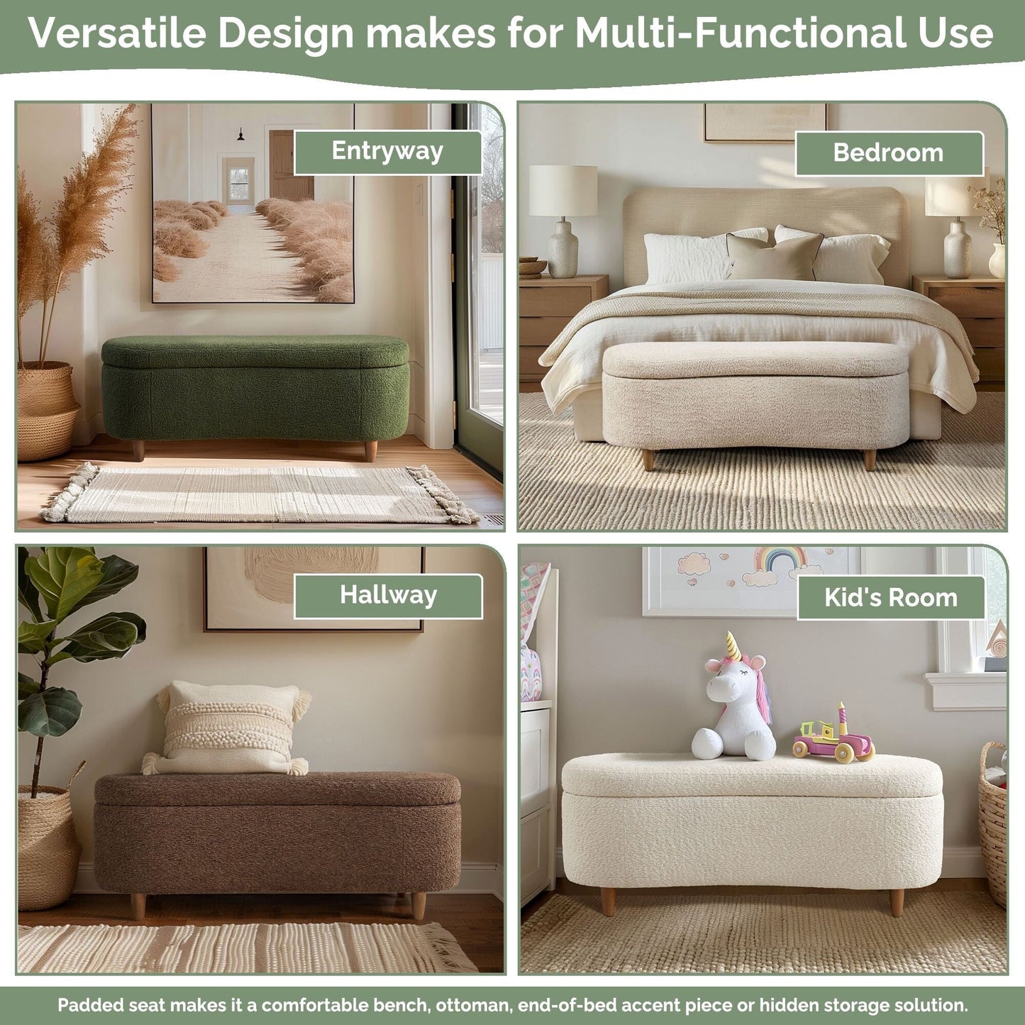 INK IVY Bailey Boucle-Style Curved Storage Accent Bench