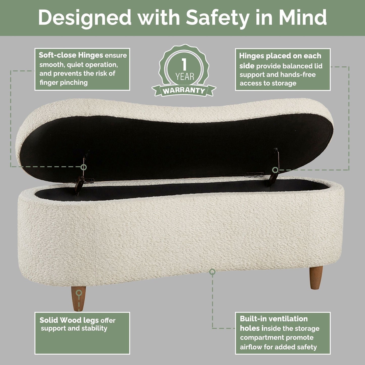 INK IVY Bailey Boucle-Style Curved Storage Accent Bench