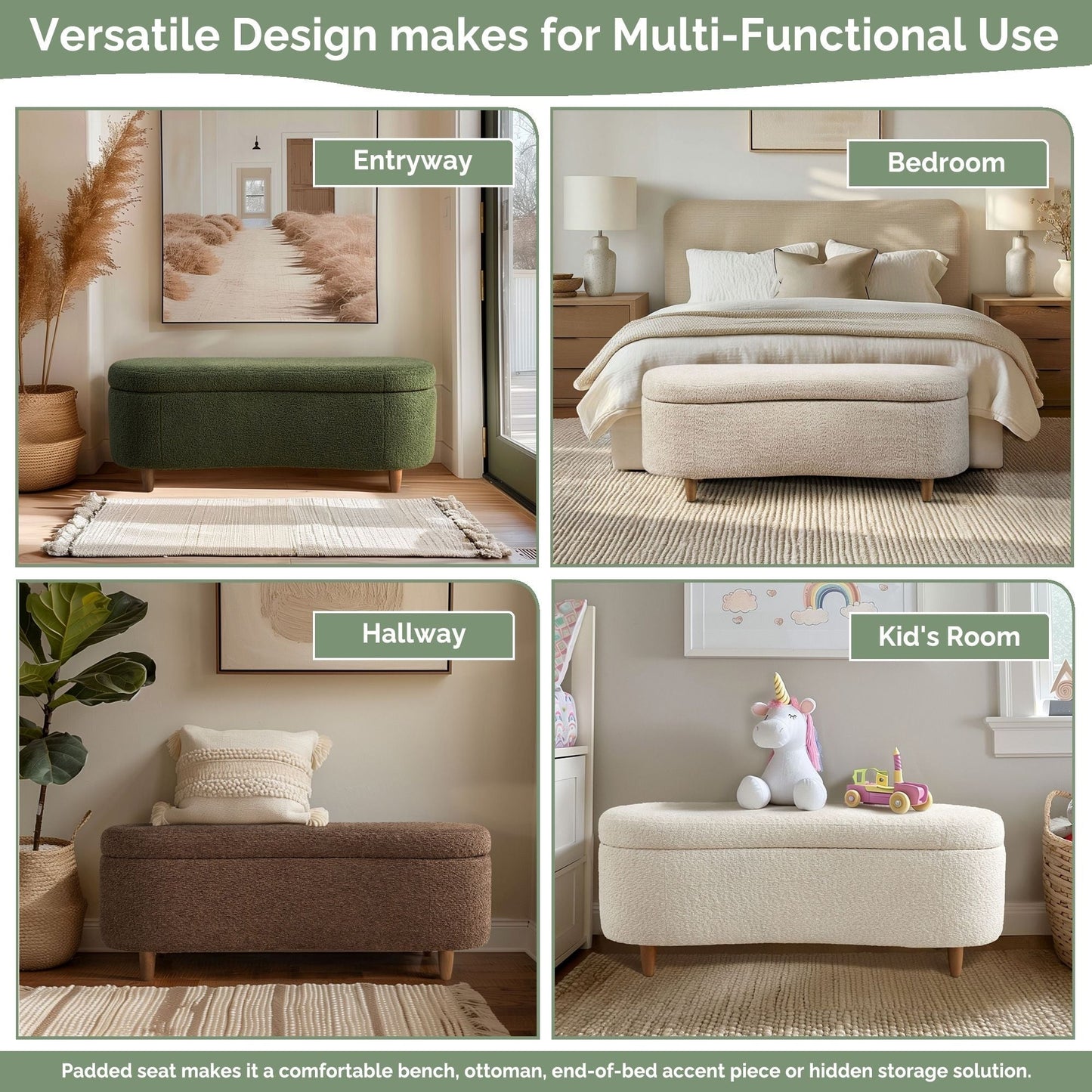 INK IVY Bailey Boucle-Style Curved Storage Accent Bench