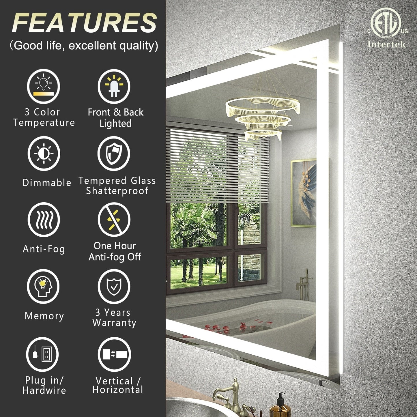KIOTEE Super Bright Anti-fog LED Bathroom Mirror with Backlit and Front Lighting 3-Year Warranty