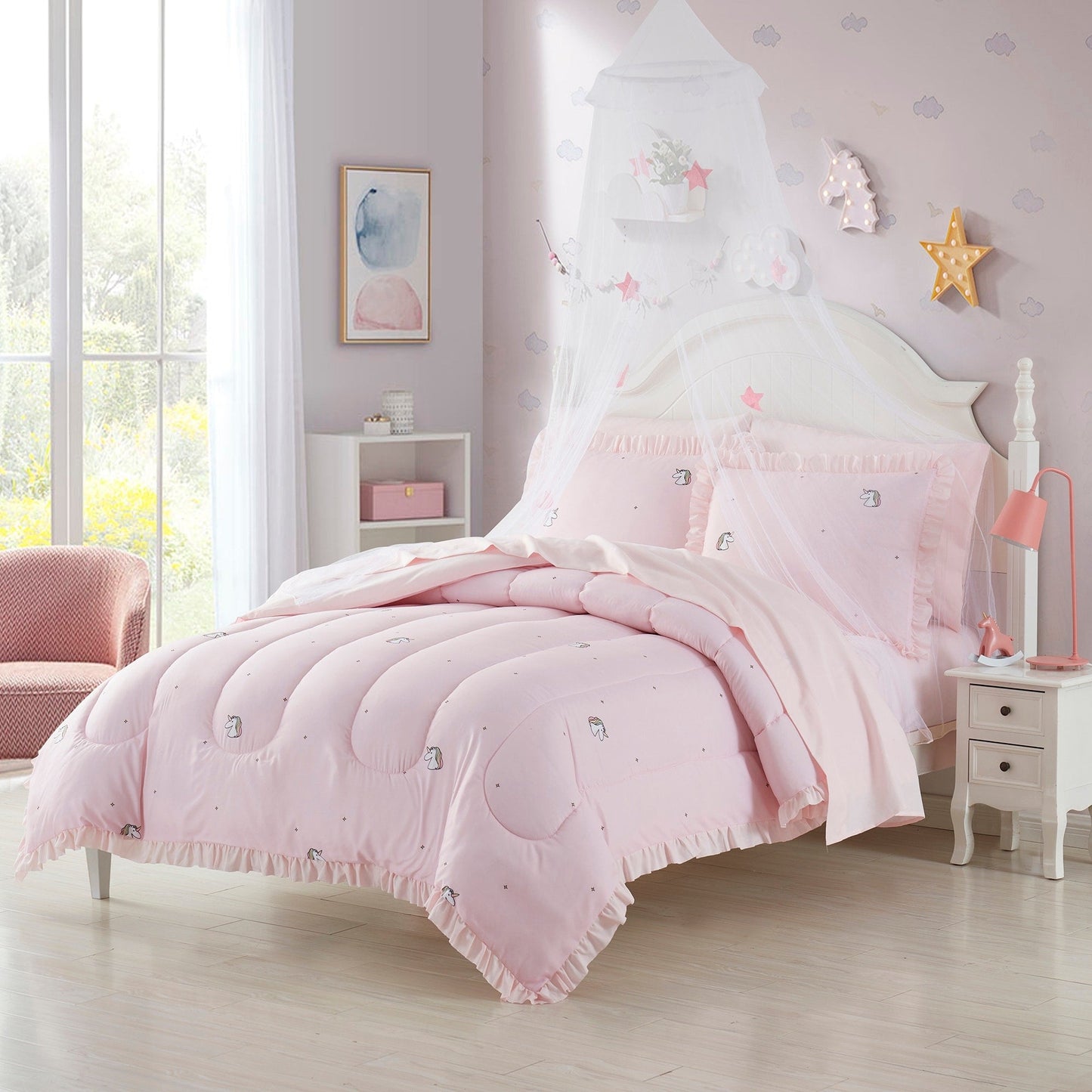 Kids Rainbow Unicorn Bed in a Bag 5 Piece Comforter, Sham & Sheet Set