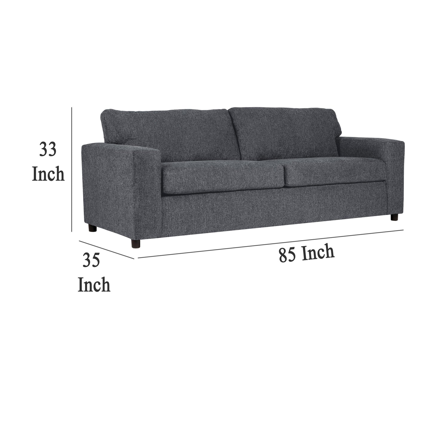 Canapé Kiono, coussins en polyester gris doux, bois massif noir, 215 cm