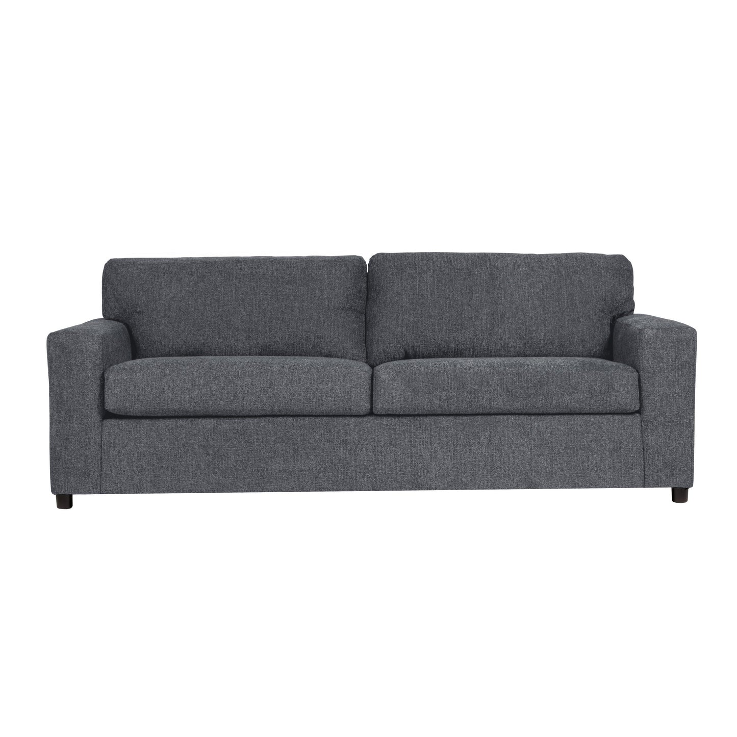 Canapé Kiono, coussins en polyester gris doux, bois massif noir, 215 cm