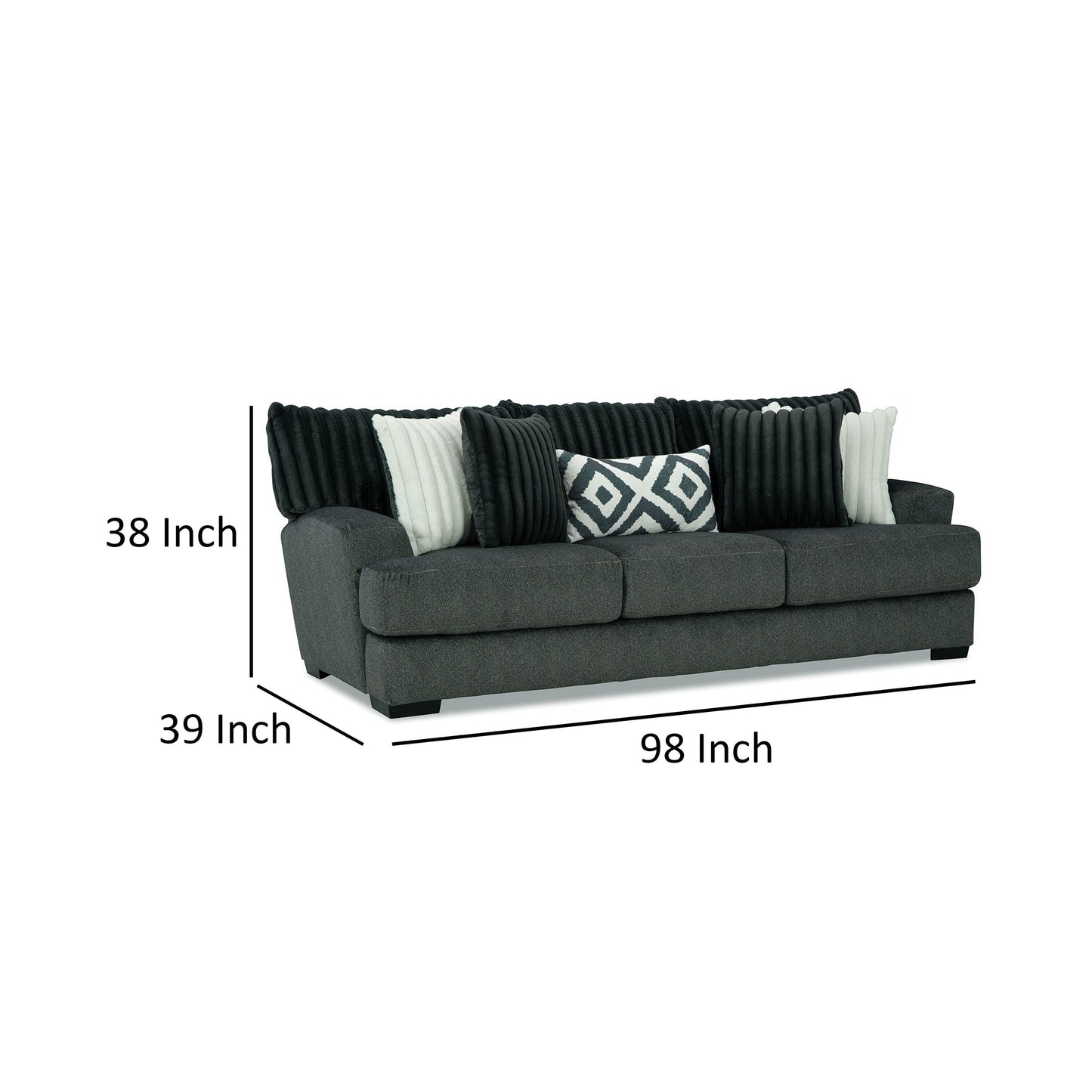 Canapé Laila, 5 coussins décoratifs, 98 pouces, bois massif, chenille gris foncé