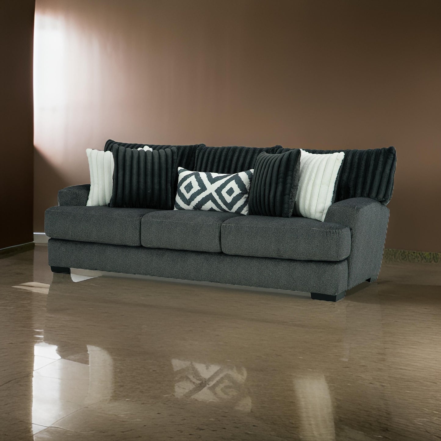 Canapé Laila, 5 coussins décoratifs, 98 pouces, bois massif, chenille gris foncé