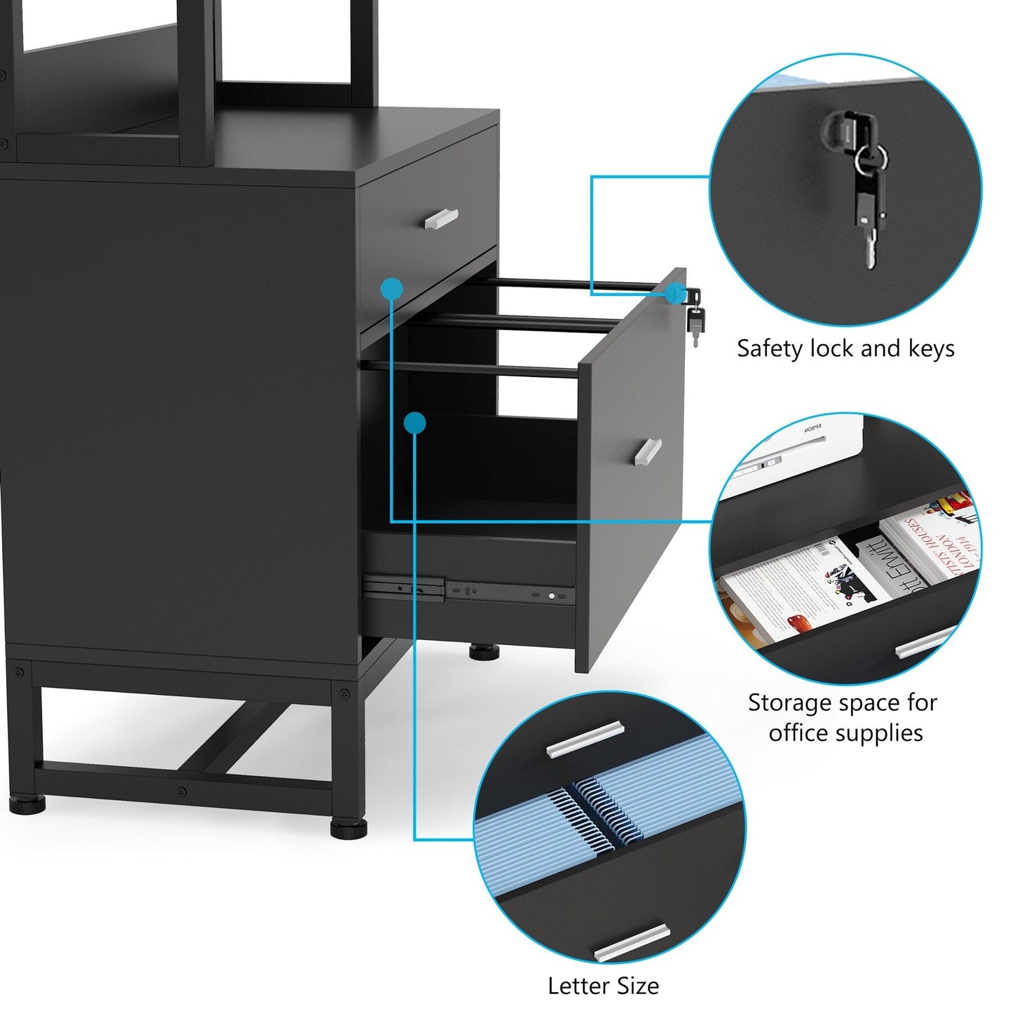 File Cabinet with 2 Drawer, Modern Filing Cabinet Printer Stand with Lock