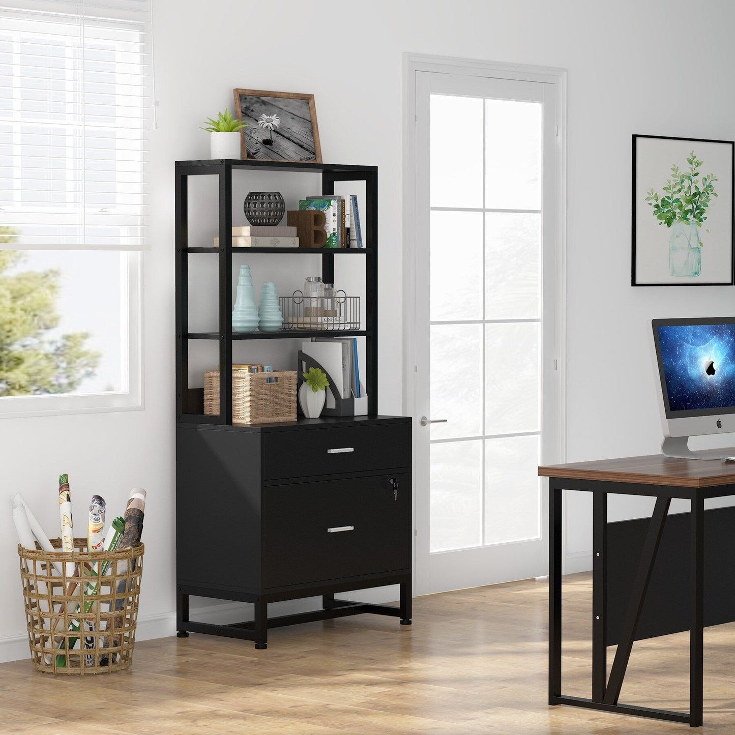 File Cabinet with 2 Drawer, Modern Filing Cabinet Printer Stand with Lock