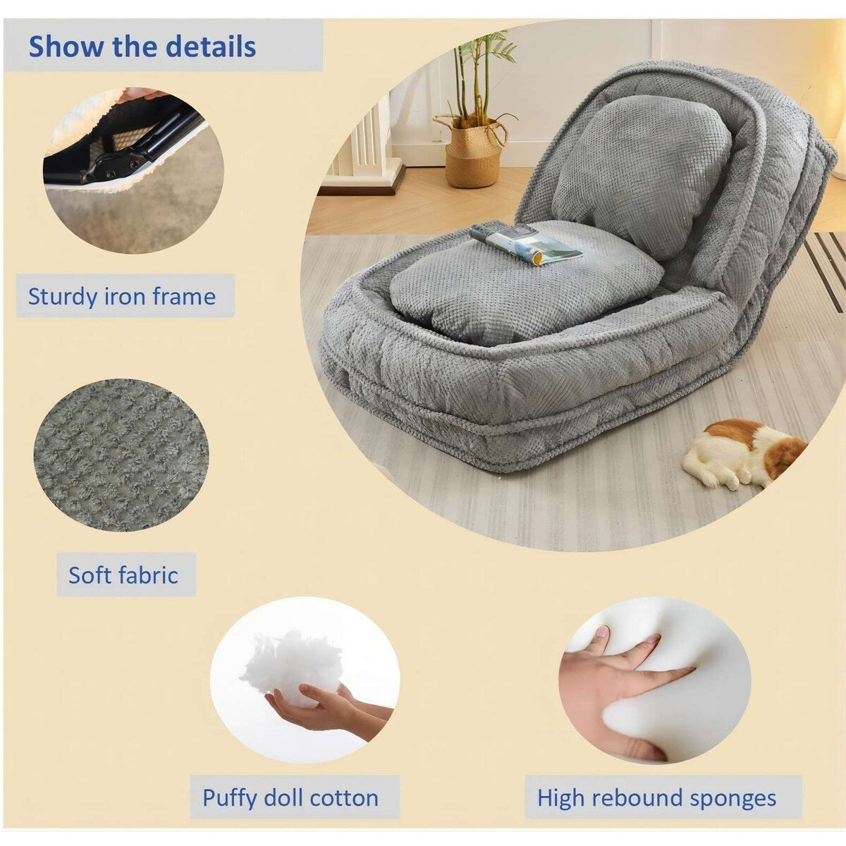 Canapé paresseux, 5 positions réglables, assis, couché, plié, convient pour une chambre ou un salon