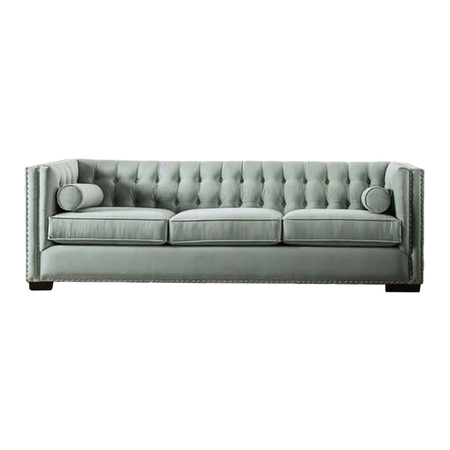 Canapé Leone, capitonné bleu sarcelle, 2 coussins traversins, clous décoratifs, 236 cm