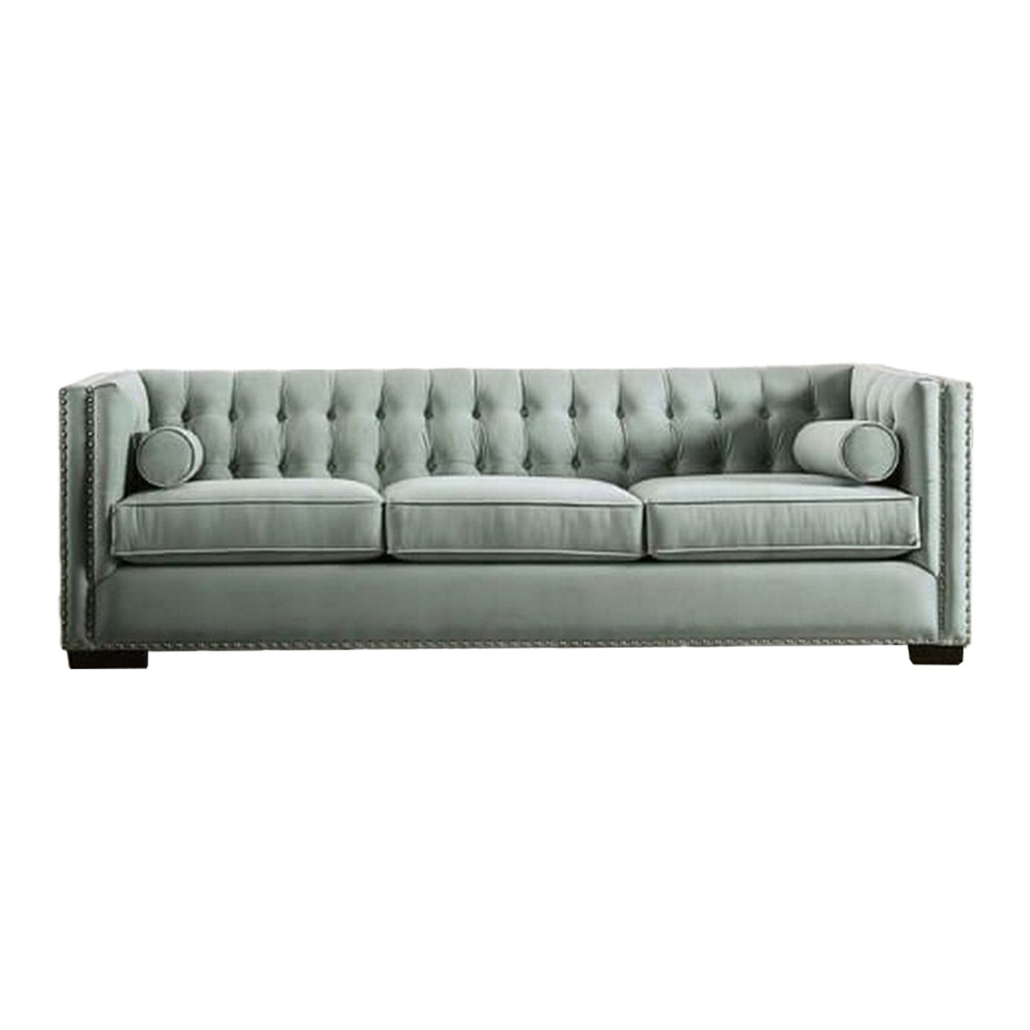 Canapé Leone, capitonné bleu sarcelle, 2 coussins traversins, clous décoratifs, 236 cm