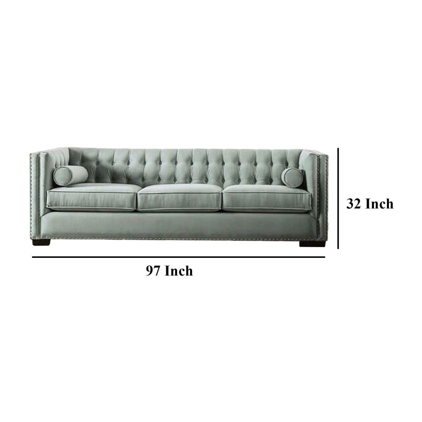 Canapé Leone, capitonné bleu sarcelle, 2 coussins traversins, clous décoratifs, 236 cm