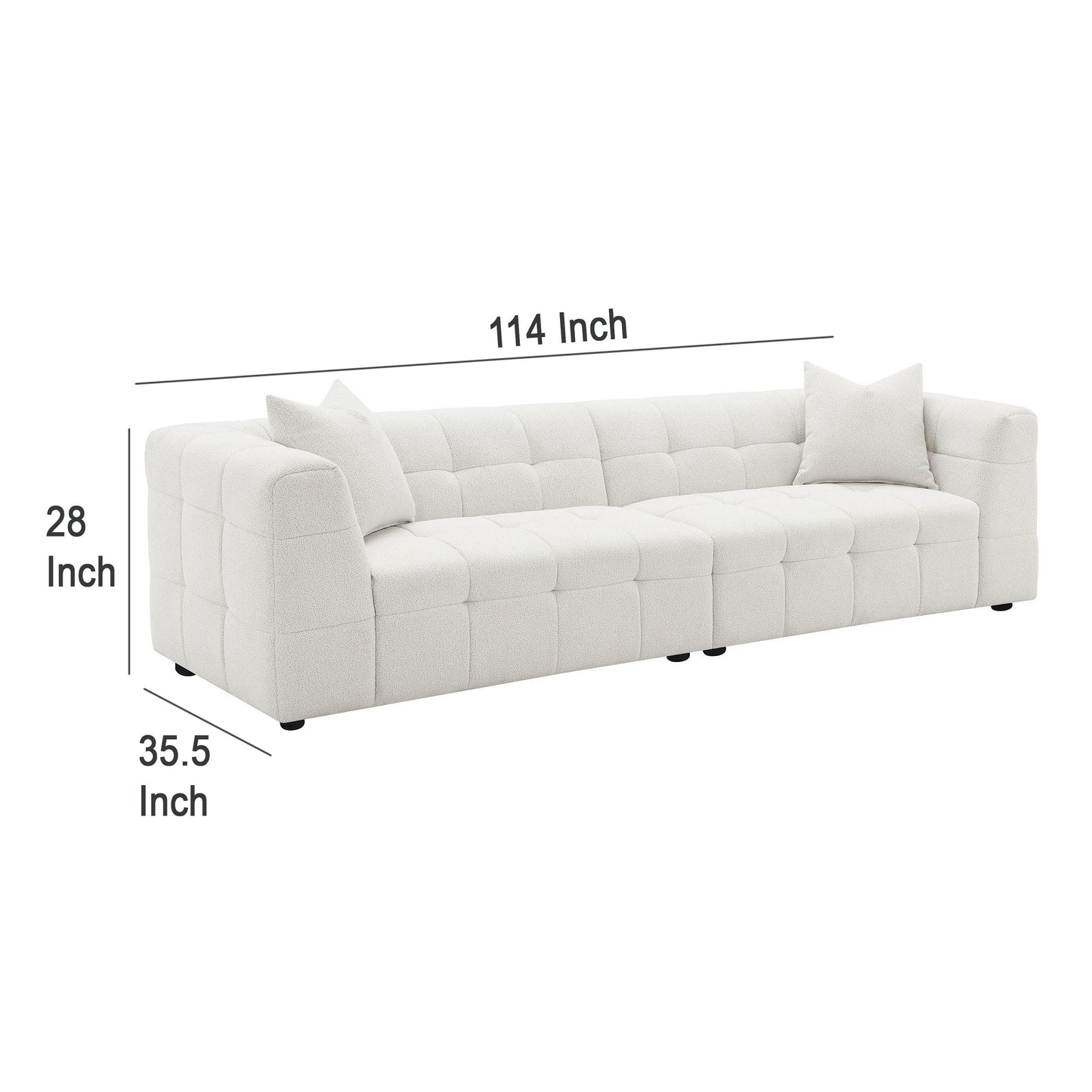 Canapé Lopo de 299 cm de long, tissu blanc cassé capitonné quadrillé, 2 coussins décoratifs