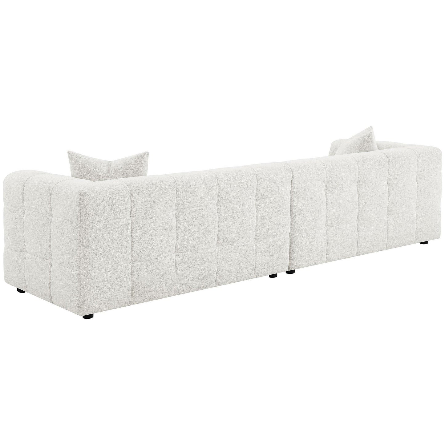 Canapé Lopo de 299 cm de long, tissu blanc cassé capitonné quadrillé, 2 coussins décoratifs