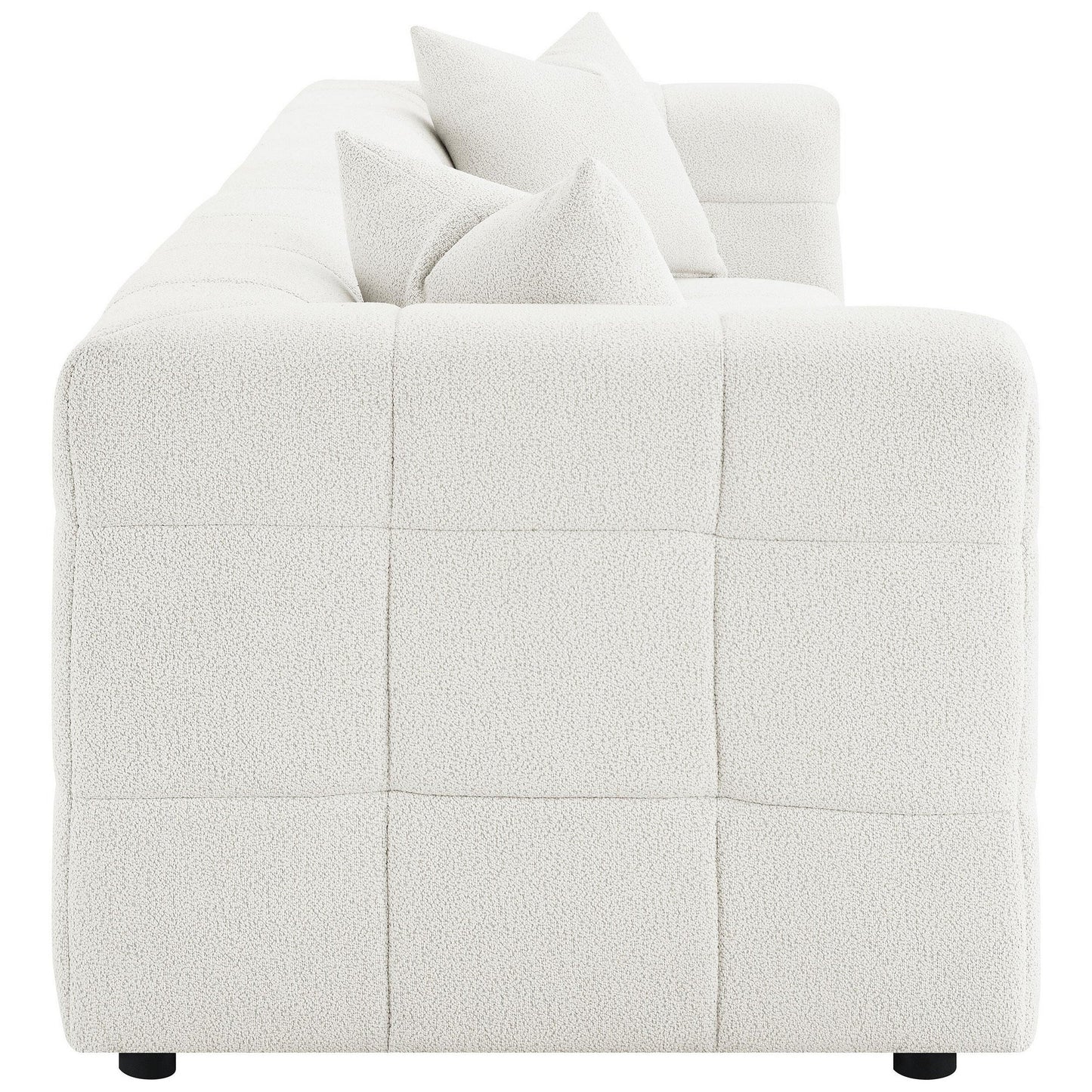 Canapé Lopo de 299 cm de long, tissu blanc cassé capitonné quadrillé, 2 coussins décoratifs