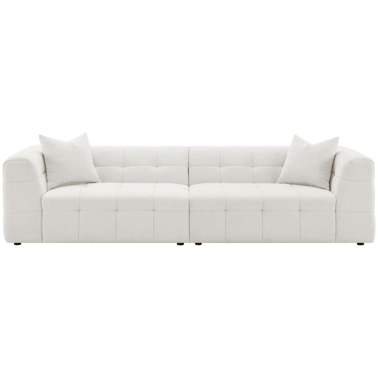 Canapé Lopo de 299 cm de long, tissu blanc cassé capitonné quadrillé, 2 coussins décoratifs