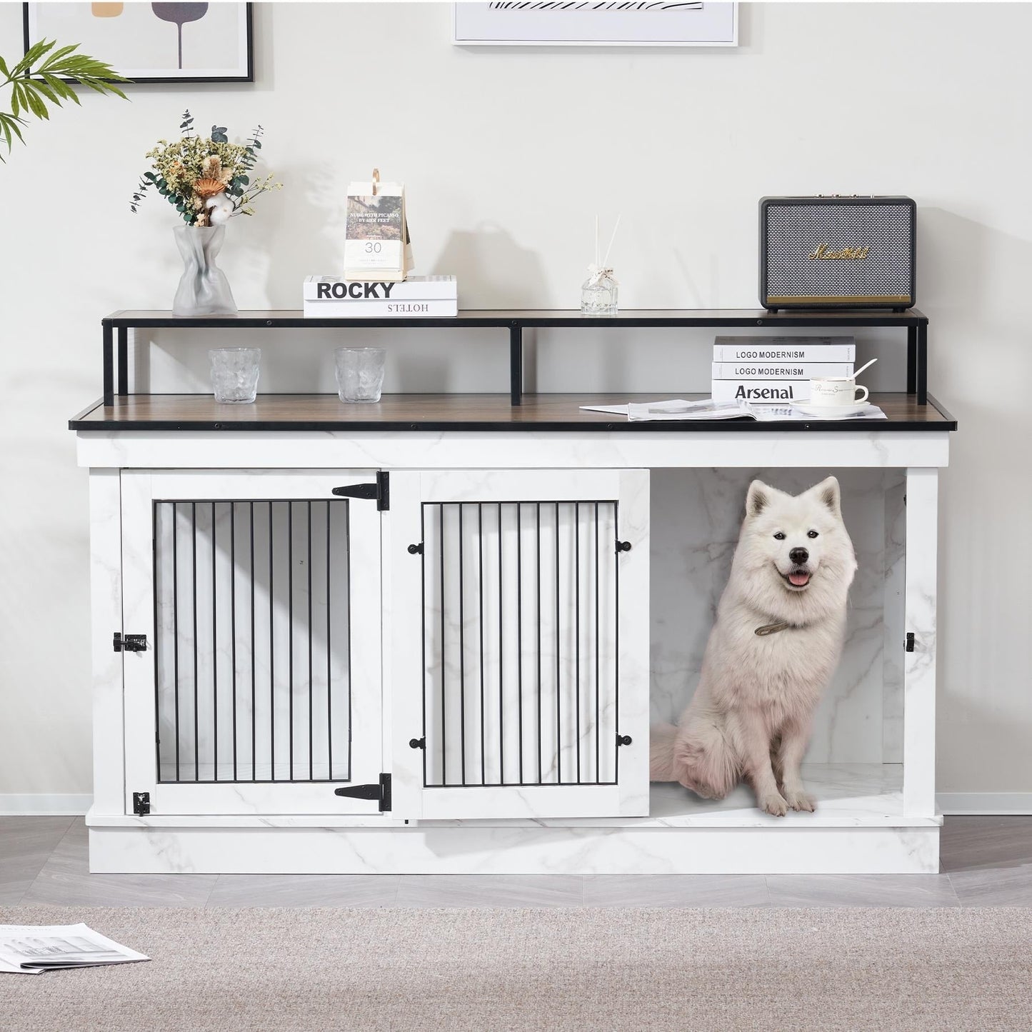Mcombo Large Dog Crate Furniture TV Stand,Wooden Dog Kennel with Double Doors 1861