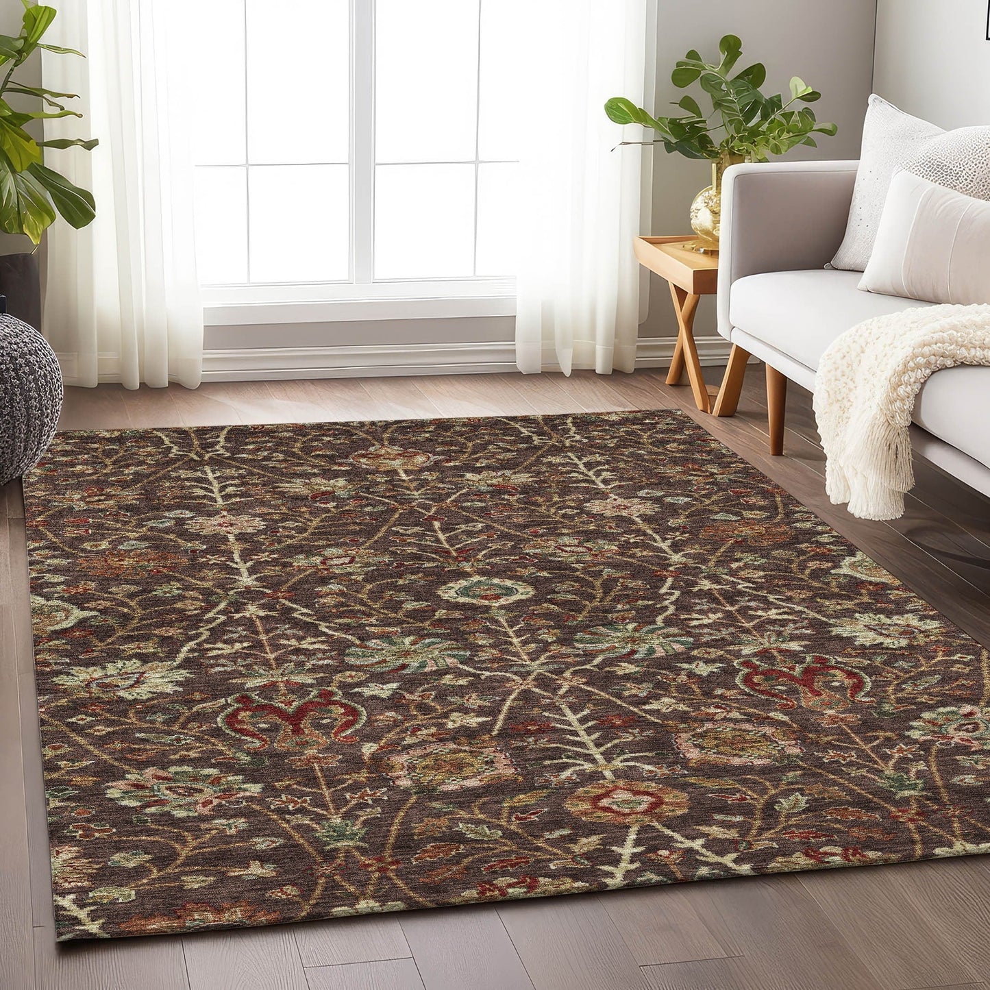 Machine Washable Indoor/ Outdoor Traditional Kashan Chantille Rug