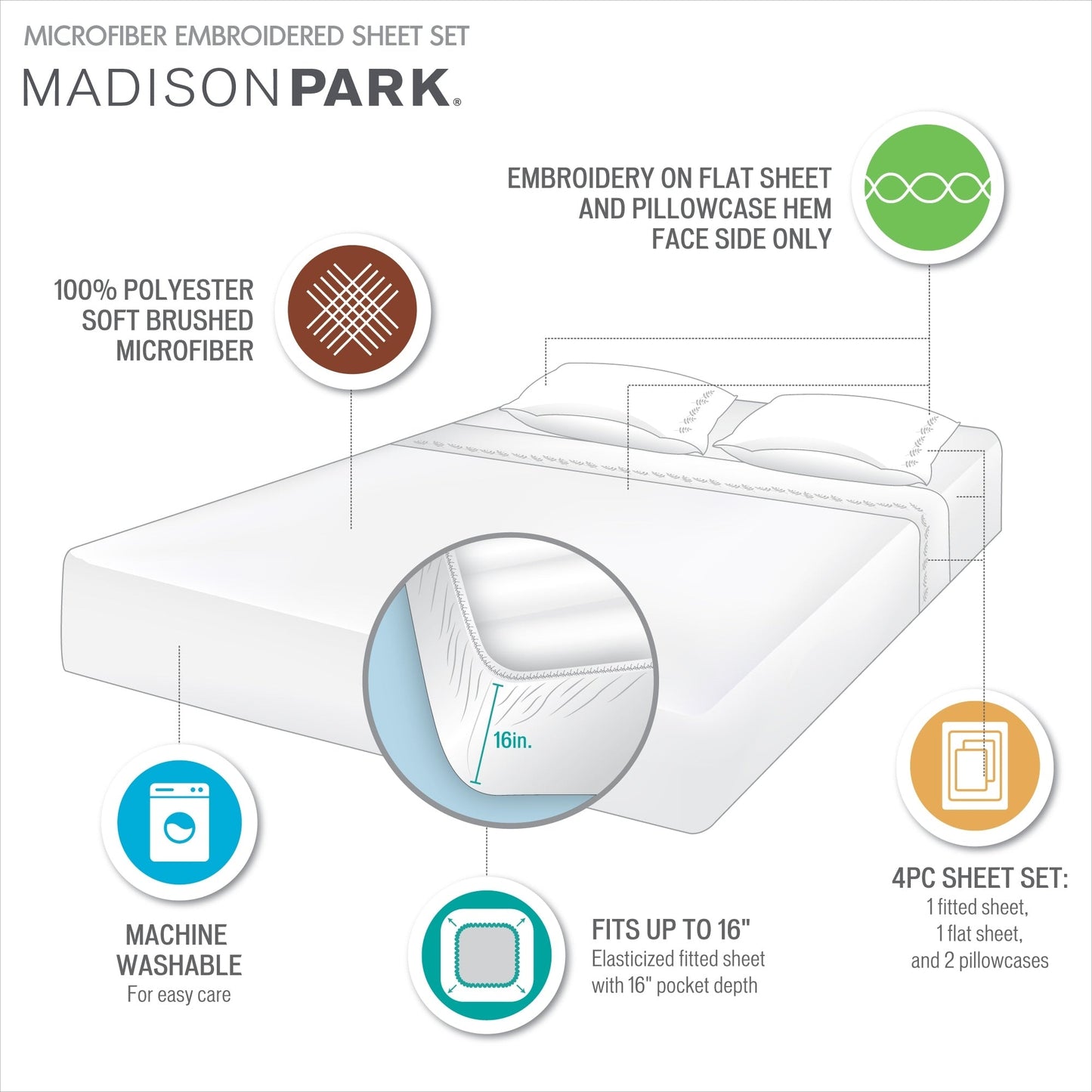 Madison Park Embroidered Microfiber 4 PC Sheet Set