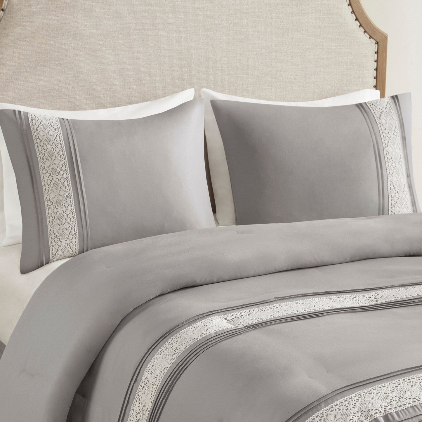 Madison Park Marla 7 Piece Lace Trim Comforter Set with Throw Pillows