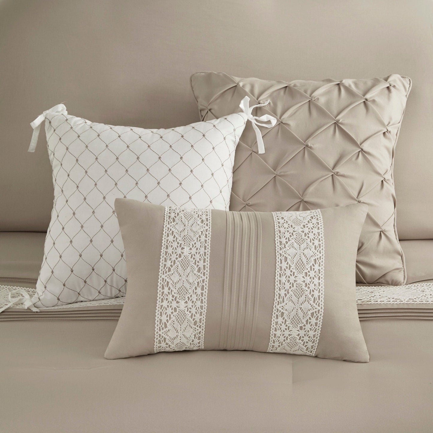 Madison Park Marla 7 Piece Lace Trim Comforter Set with Throw Pillows