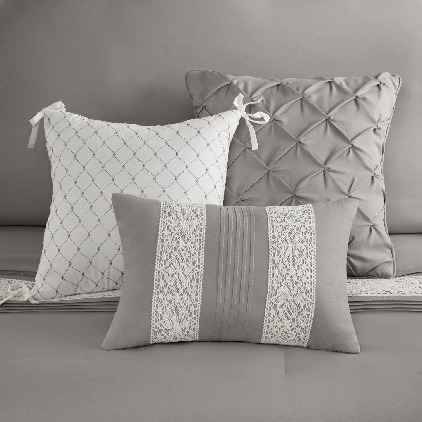 Madison Park Marla 7 Piece Lace Trim Comforter Set with Throw Pillows