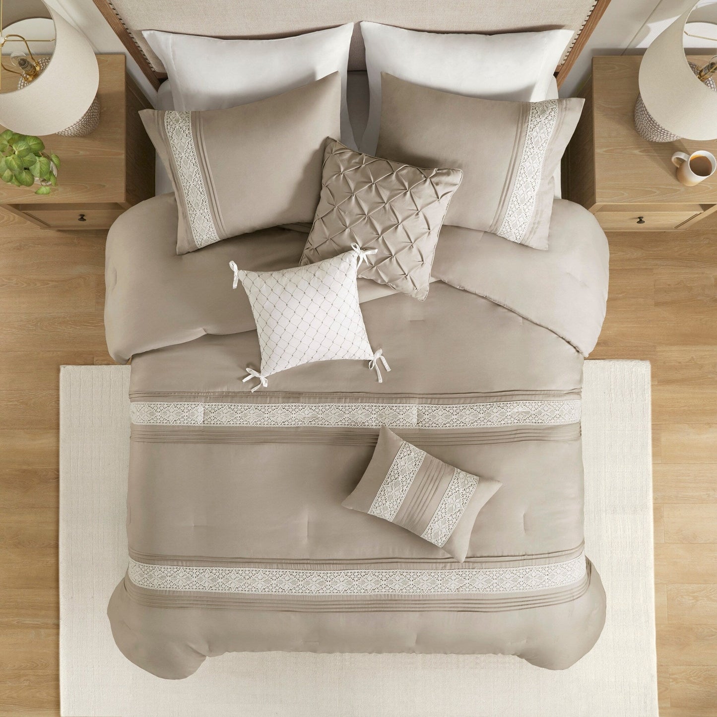 Madison Park Marla 7 Piece Lace Trim Comforter Set with Throw Pillows