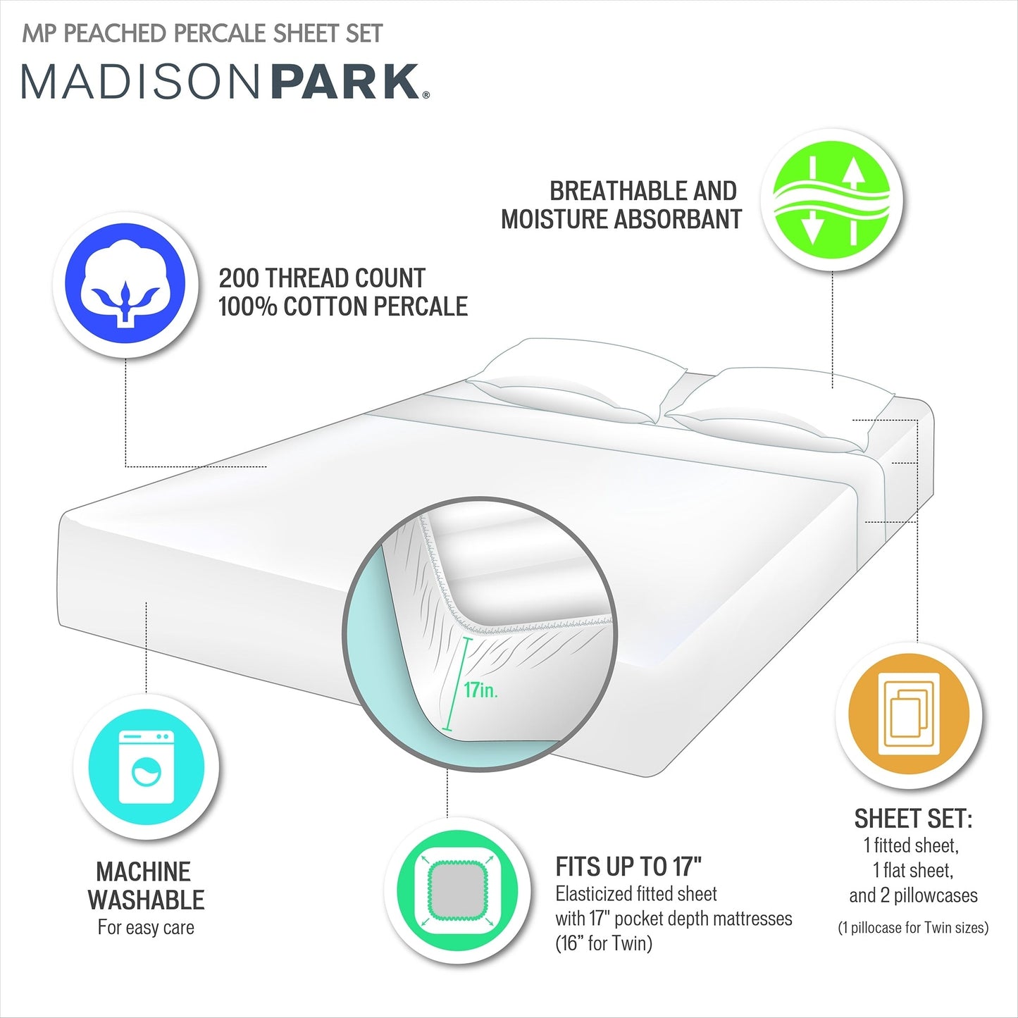 Madison Park 200 Thread Count Relaxed Cotton Percale Sheet Set