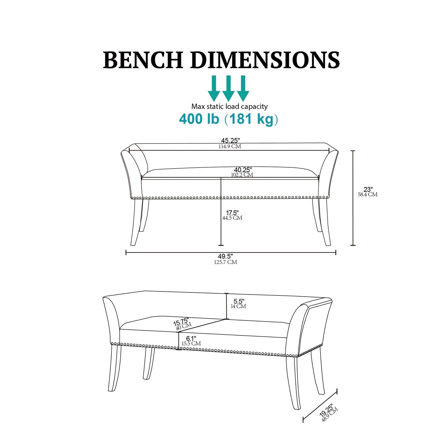 Banc rembourré Madison Park Welburn 49,5 avec dossier et pieds en bois