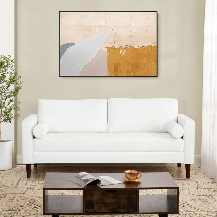 Canapé moderne en cuir véritable avec pieds en bois et coussin traversin supplémentaire