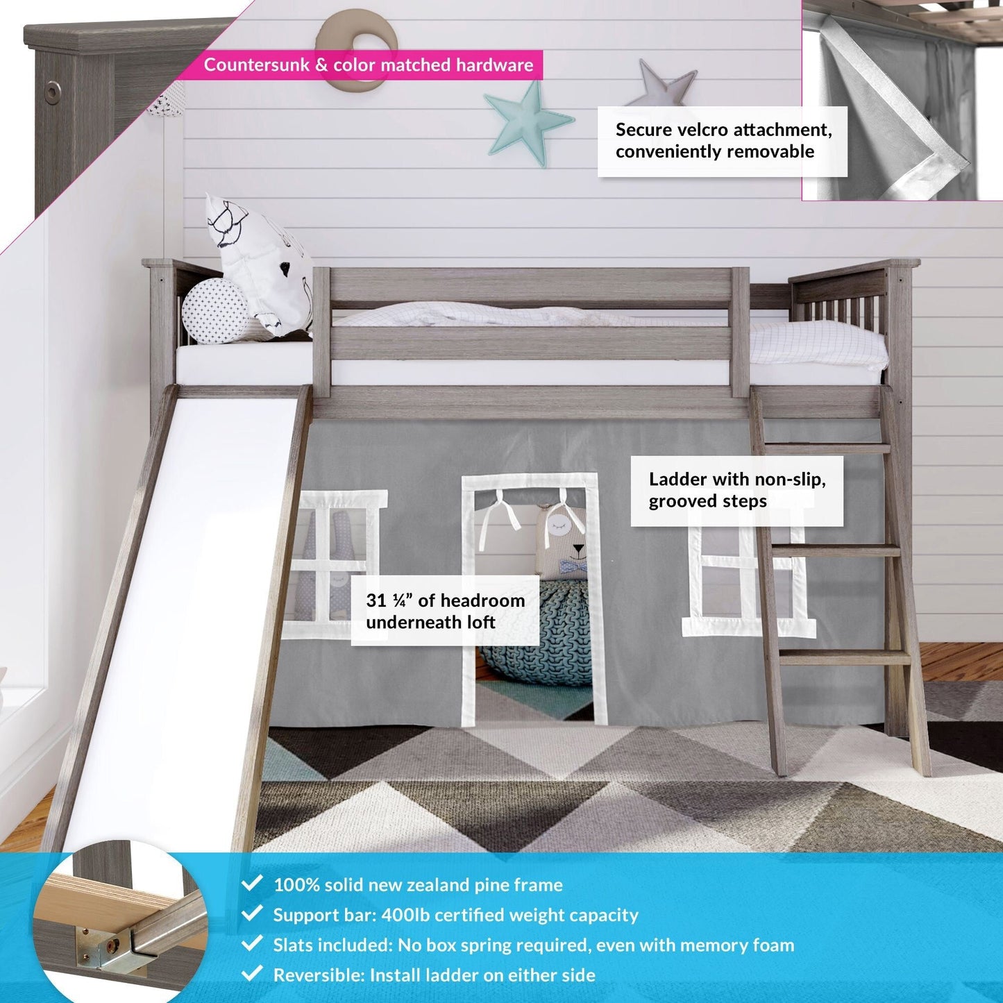Max and Lily Twin Low Loft with Slide and Curtains