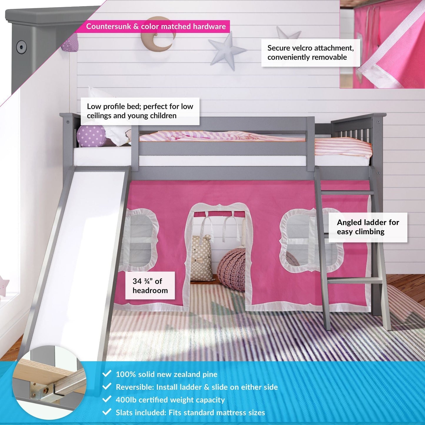 Max and Lily Twin Low Loft with Slide and Curtains