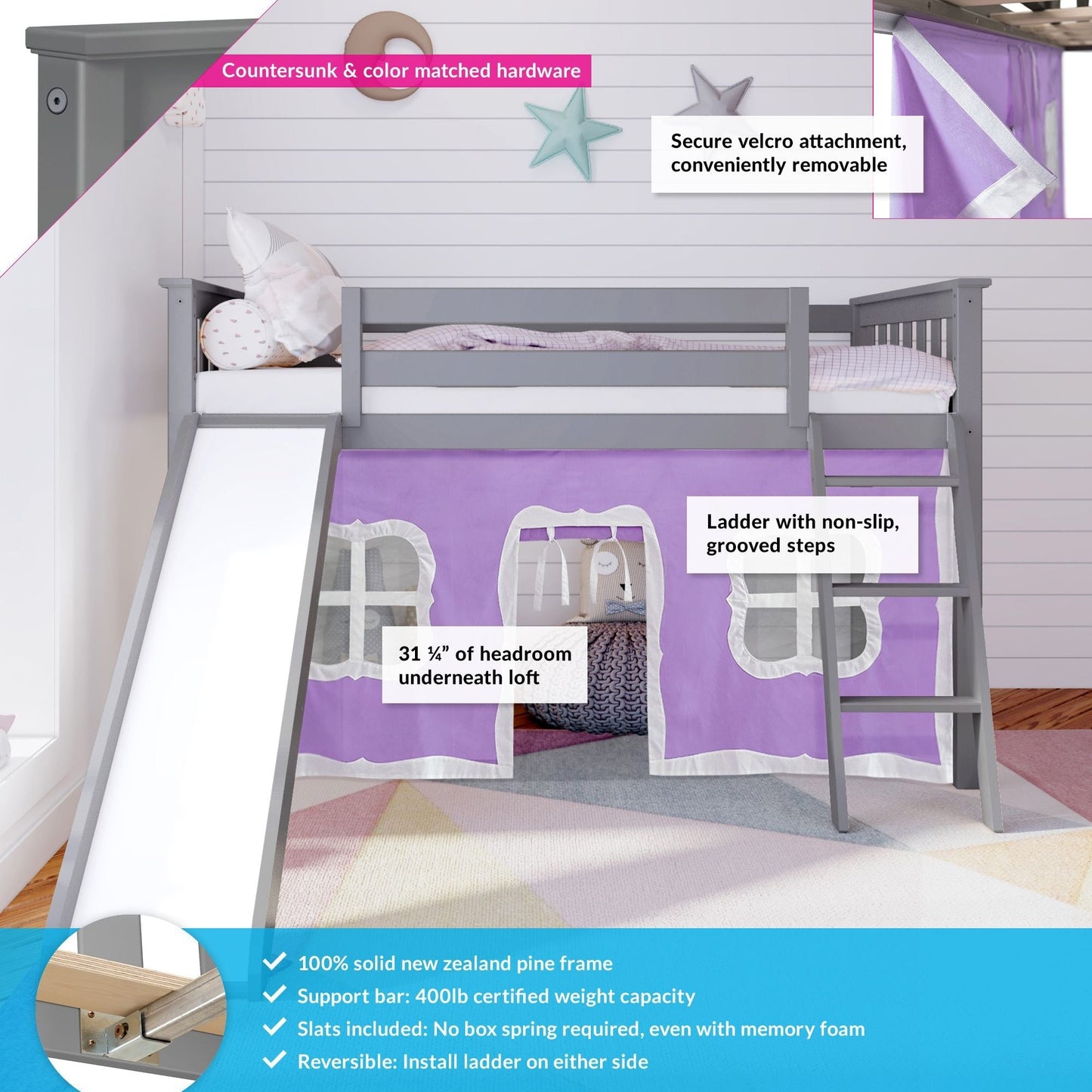 Max and Lily Twin Low Loft with Slide and Curtains