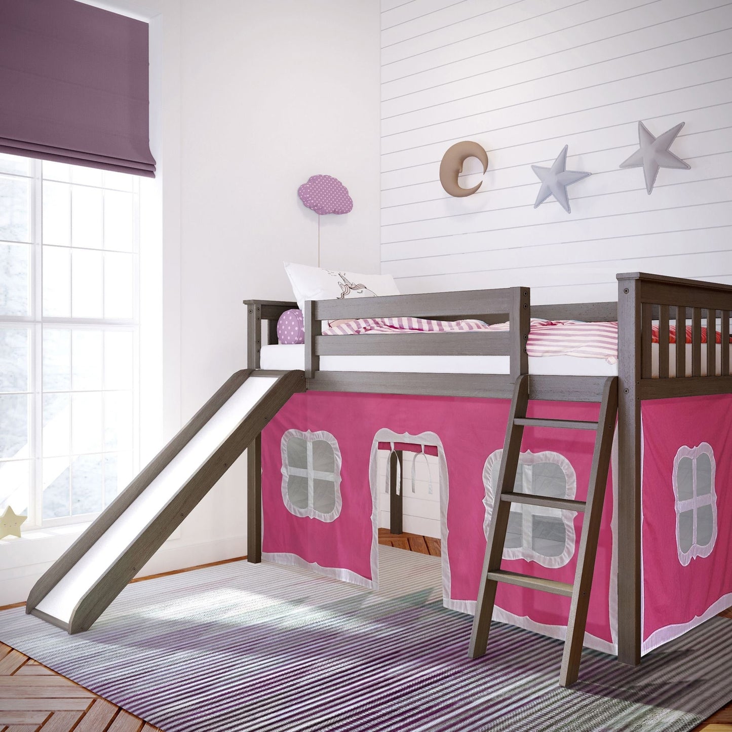 Max and Lily Twin Low Loft with Slide and Curtains