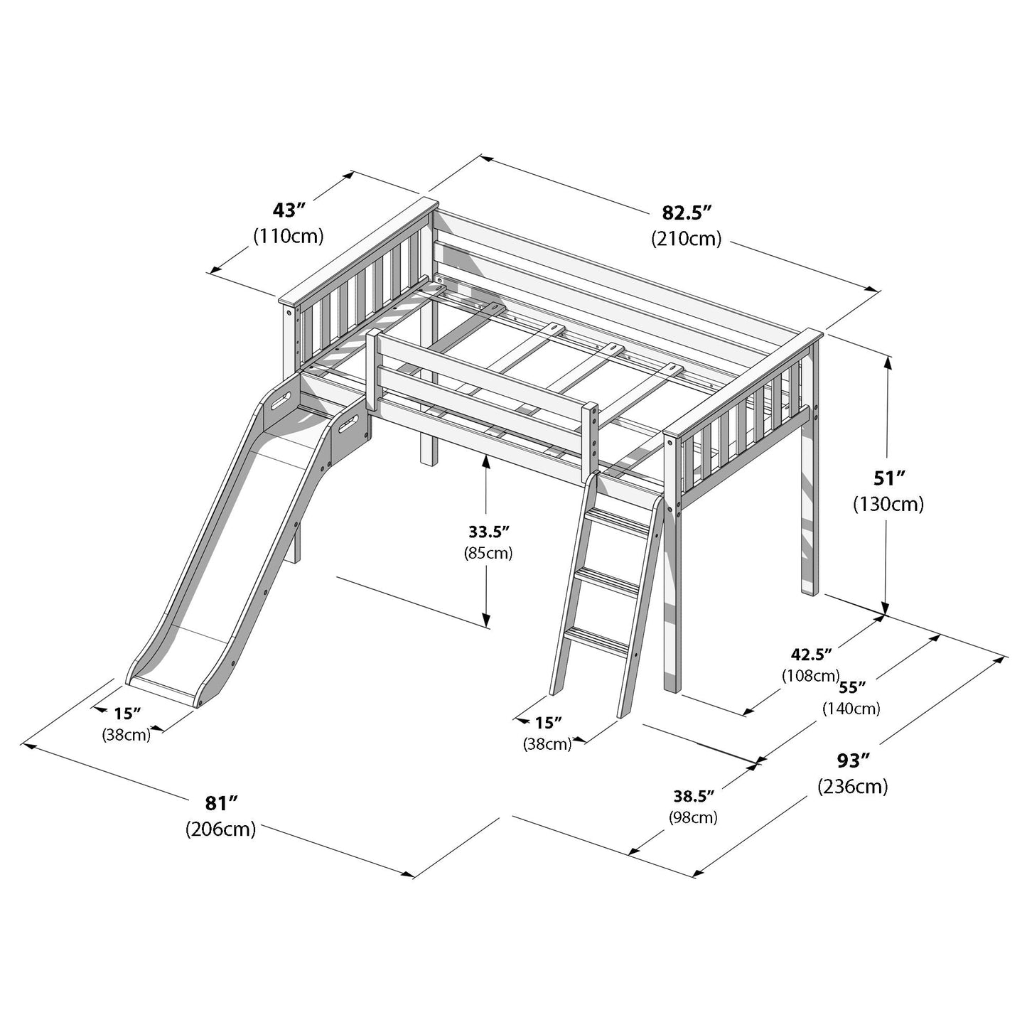 Max and Lily Classic Twin-Size Low Loft with Easy Slide
