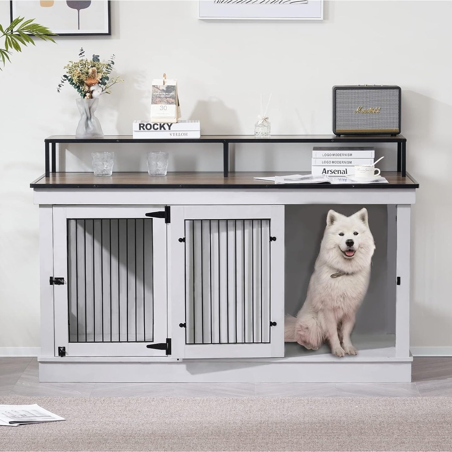 Mcombo Large Dog Crate Furniture TV Stand,Wooden Dog Kennel with Double Doors 1861