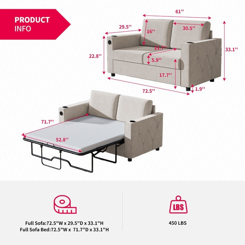 Canapé-lit gigogne Mixoy, canapé-lit avec matelas en mousse à mémoire de forme, porte-gobelet, port USB, canapé-lit gigogne