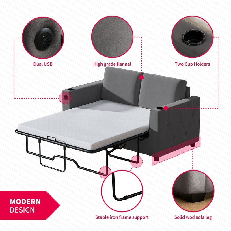 Canapé-lit gigogne Mixoy, canapé-lit avec matelas en mousse à mémoire de forme, porte-gobelet, port USB, canapé-lit gigogne