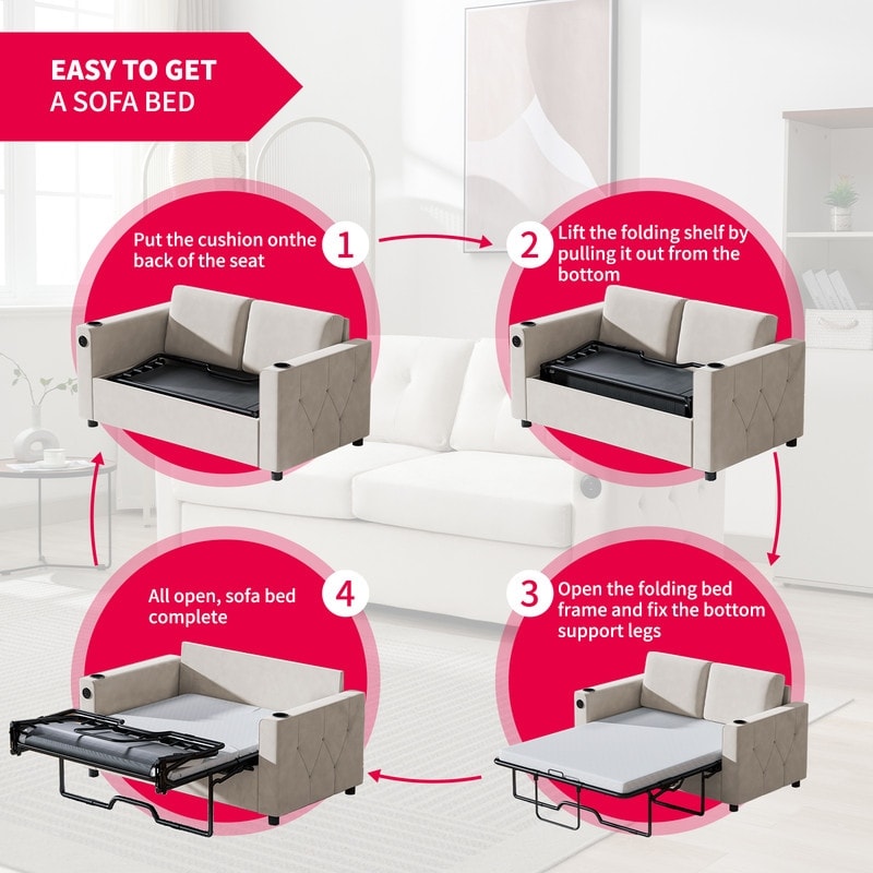 Canapé-lit gigogne Mixoy, canapé-lit avec matelas en mousse à mémoire de forme, porte-gobelet, port USB, canapé-lit gigogne