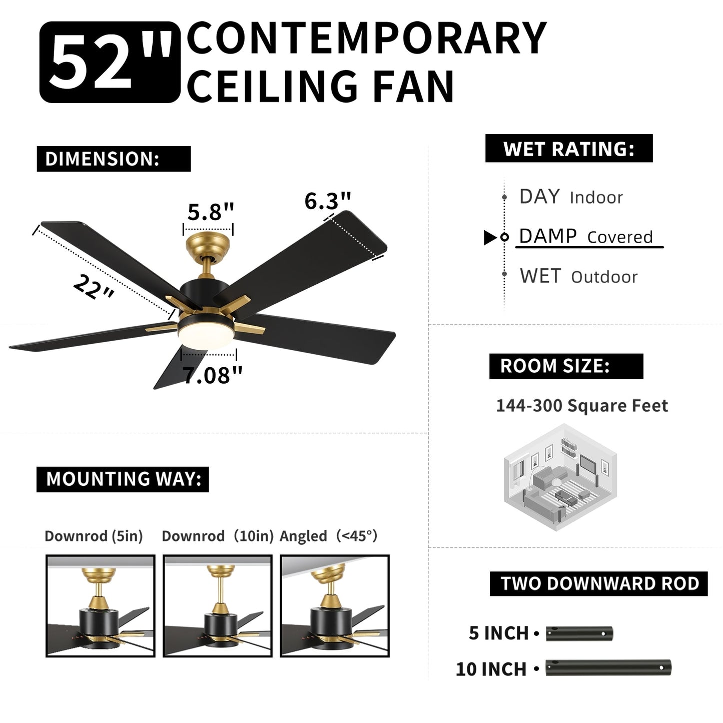 Moasis 52 Inch Smart Ceiling Fan with LED Light and Remote & APP Control