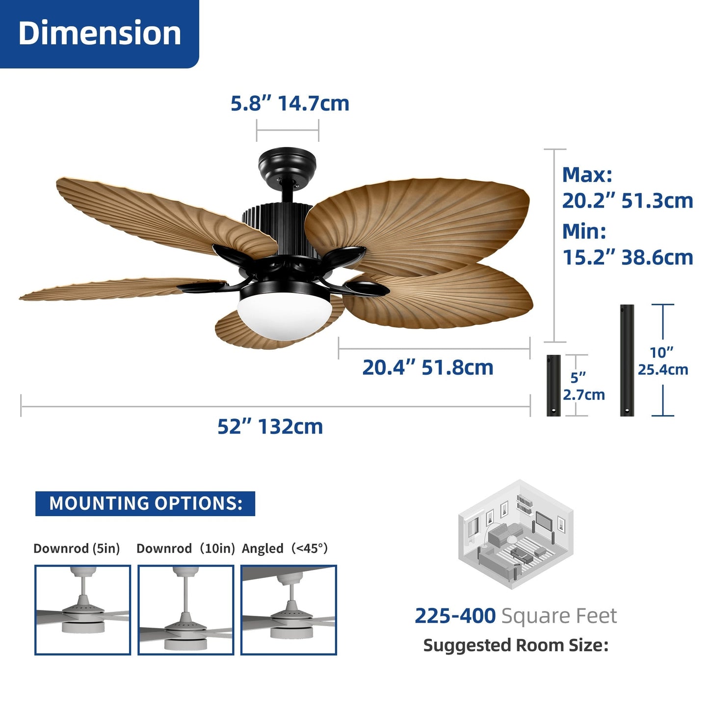 Moasis 52 Palm Leaf Ceiling Fan with Light Tropical Style with Remote