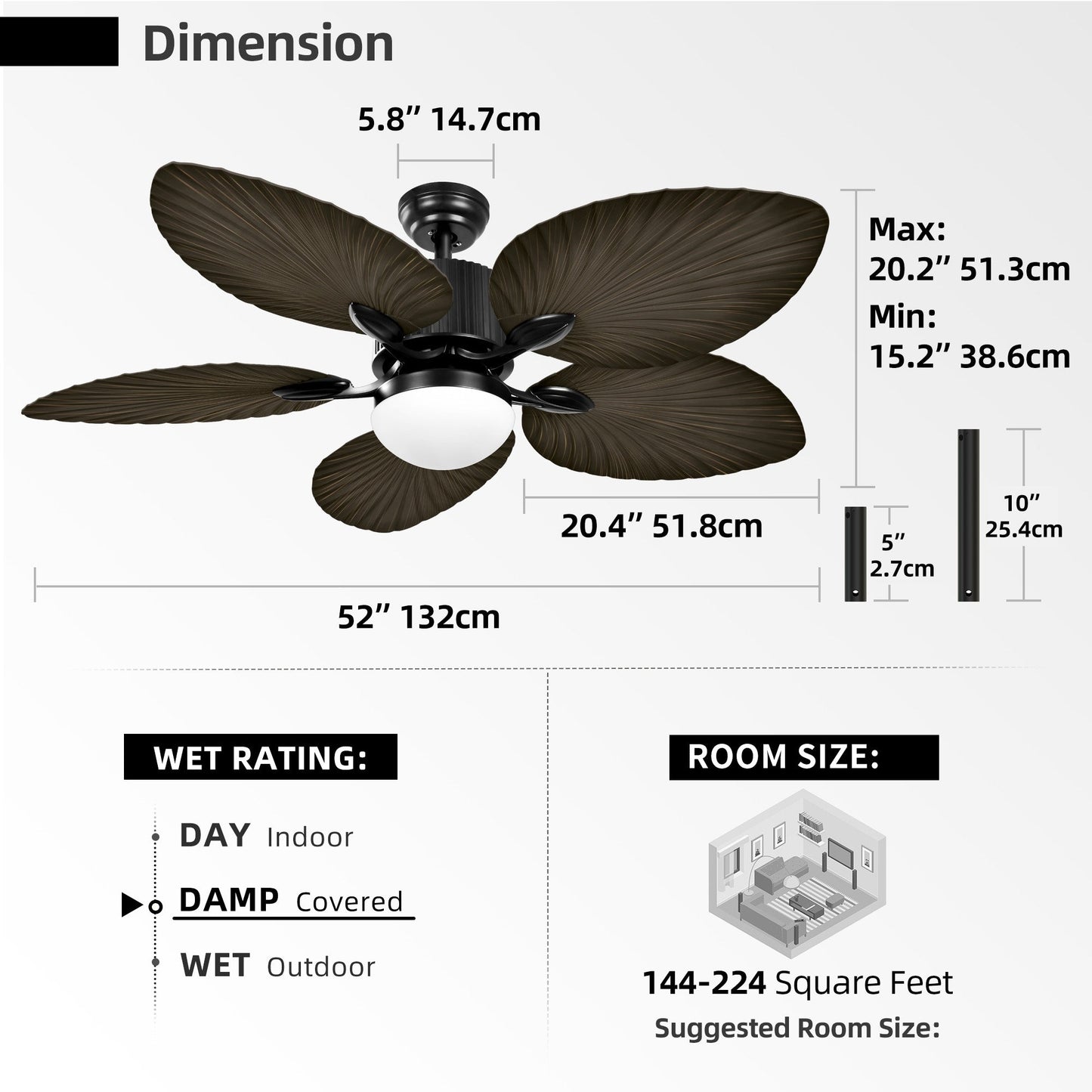 Moasis 52 Palm Leaf Ceiling Fan with Light Tropical Style with Remote
