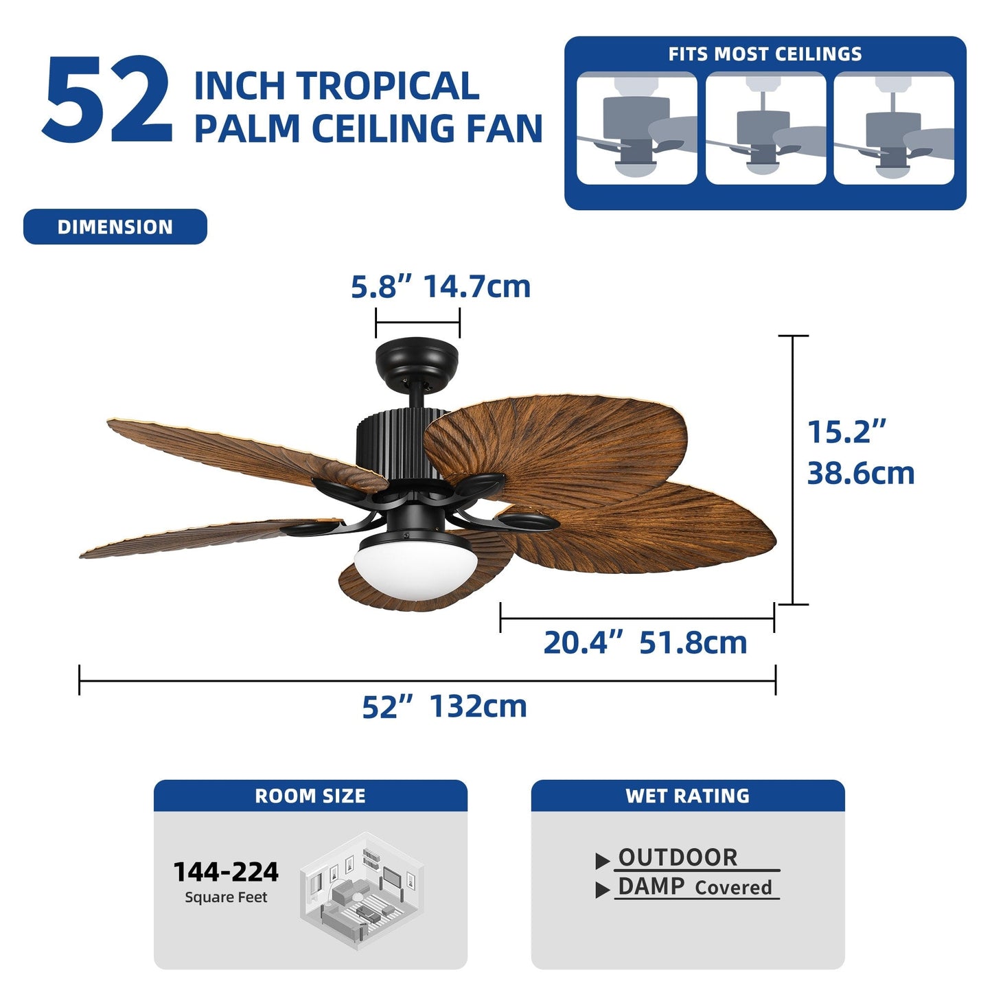 Moasis 52 Palm Leaf Ceiling Fan with Light Tropical Style with Remote