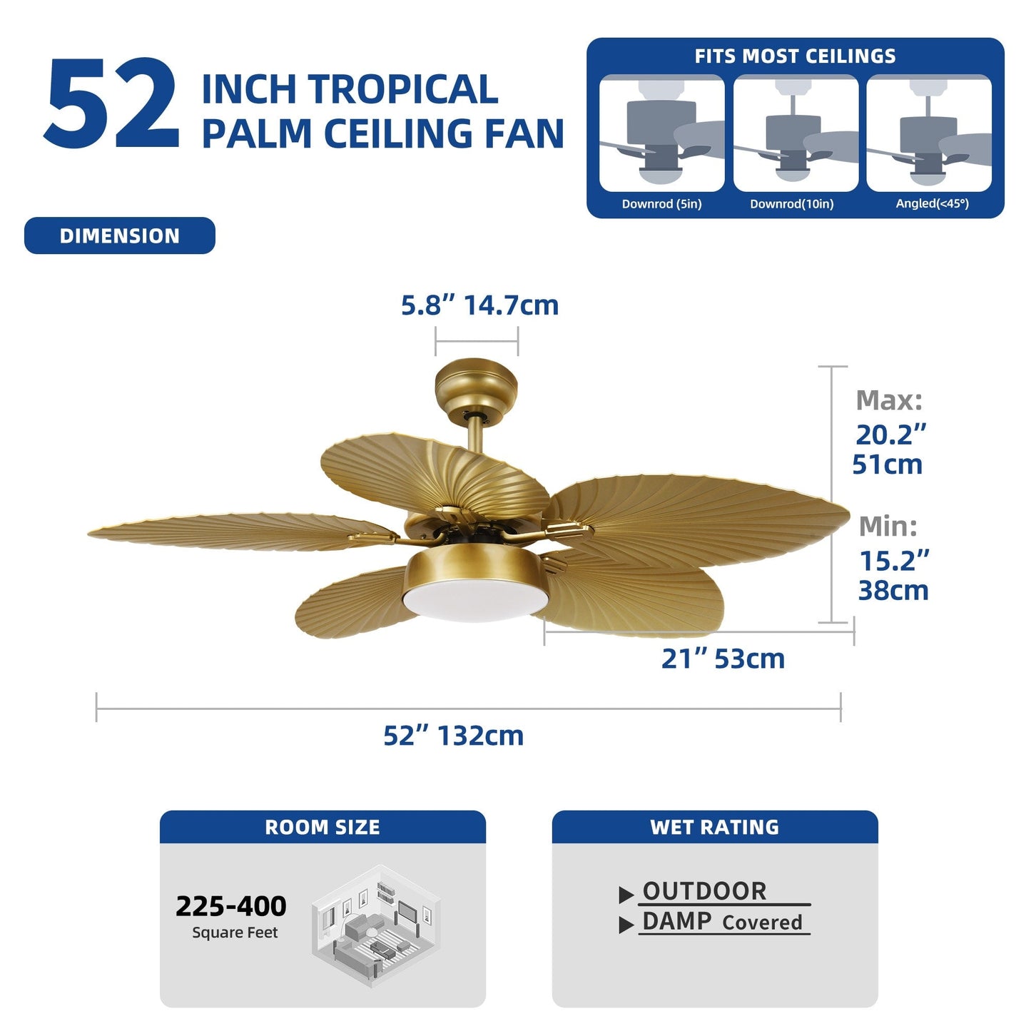 Moasis 52 Palm Leaf Ceiling Fan with Light Tropical Style with Remote